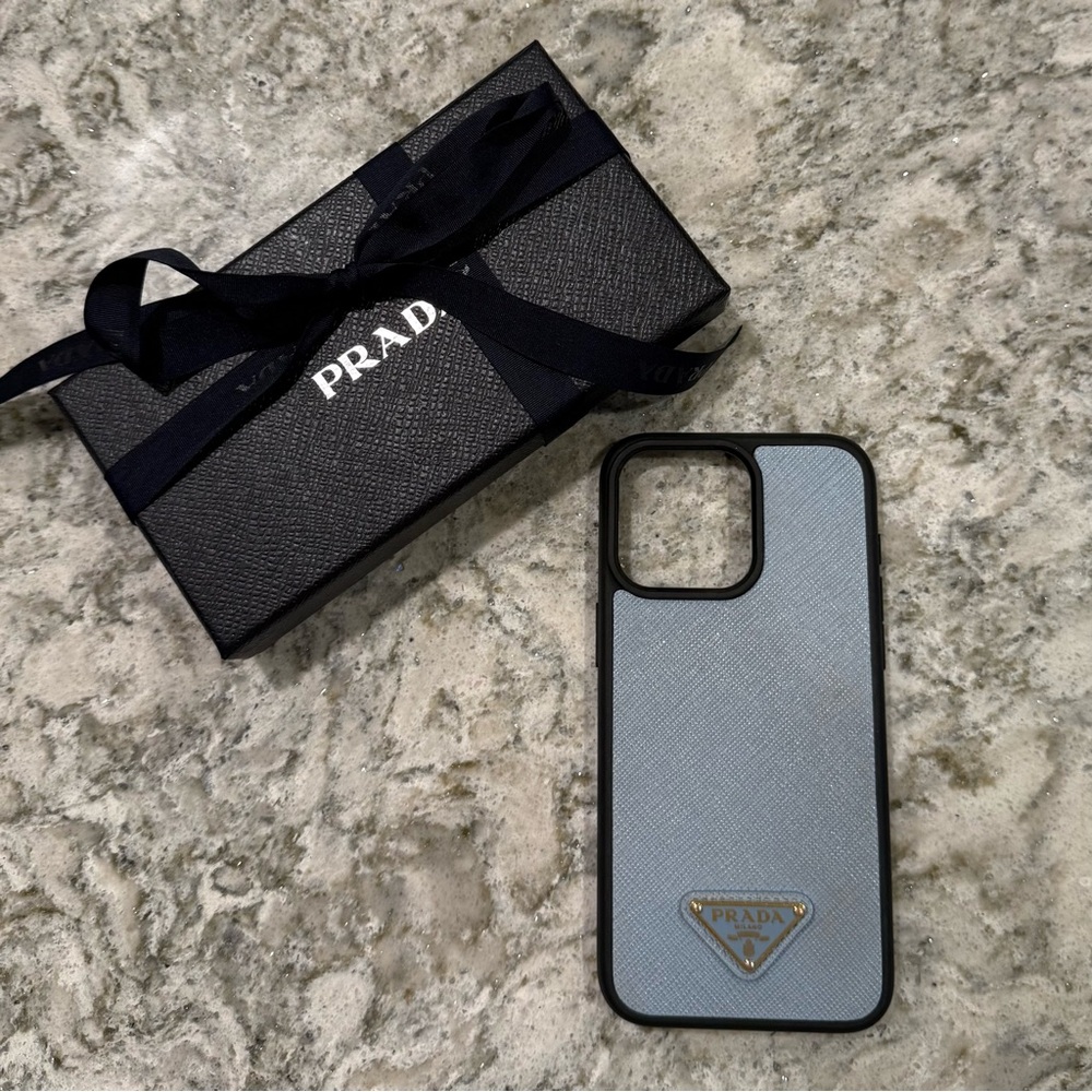 SOLD authentic Prada Light Blue Saffiano Leather Cover for iPhone 15 Pro Max